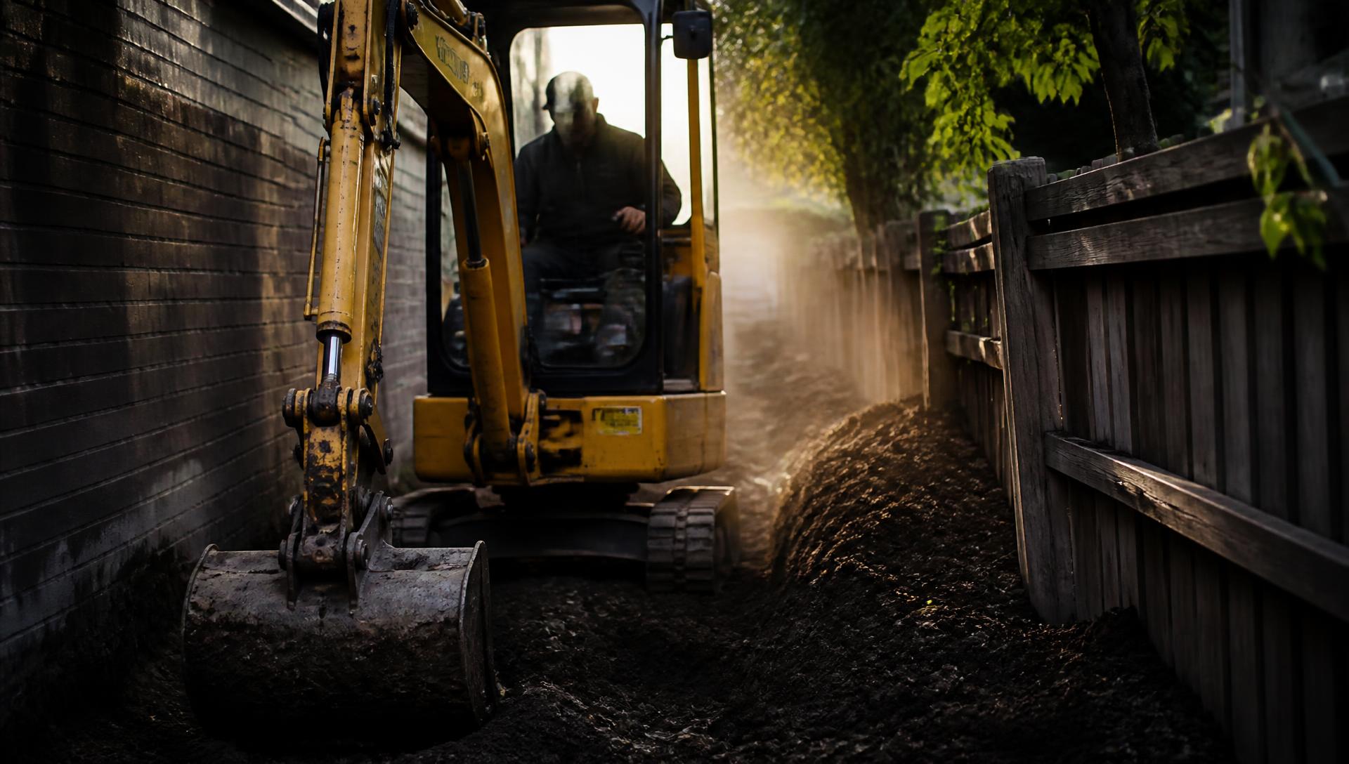 Compact excavator working through a narrow side access on a Melbourne residential site