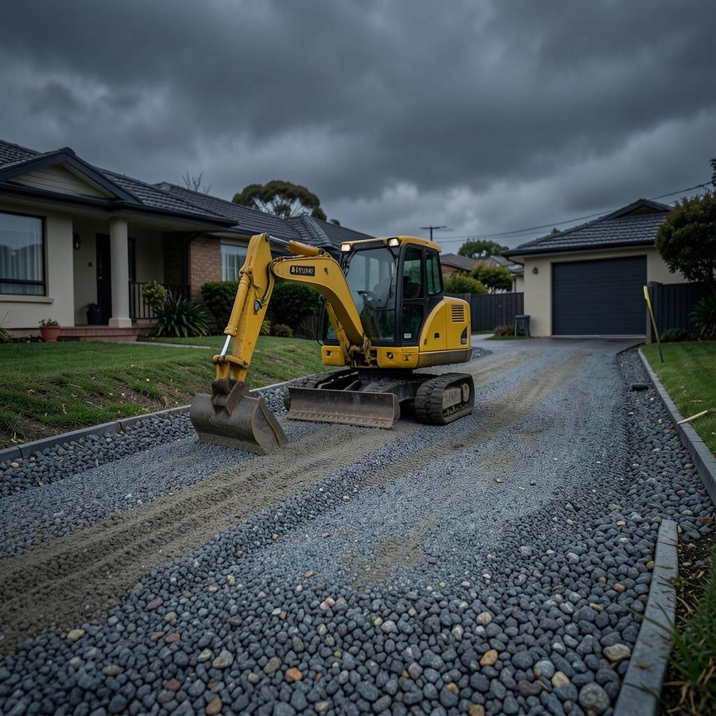 Mini excavator levelling a crushed-rock driveway base outside a suburban Melbourne home